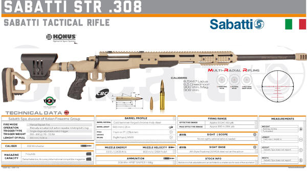 Fusil De Repeticion Sabatti C.308 WIN  MOD. STR  C/REG. ARENA  CAÑON DE 660MM